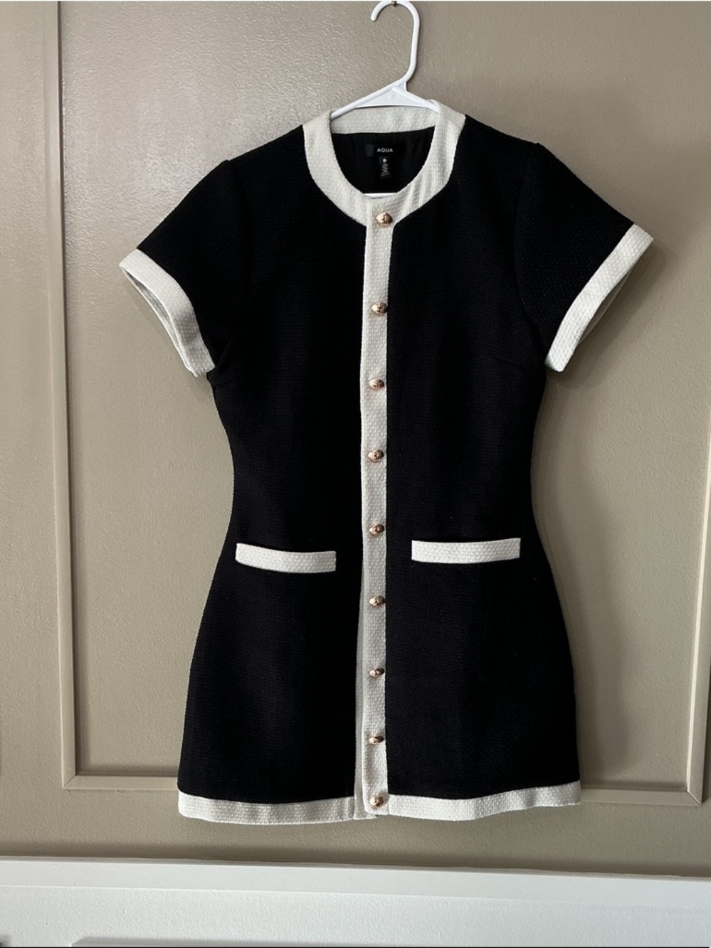 Aqua Black and White Tweed Short Sleeve Shift Dress